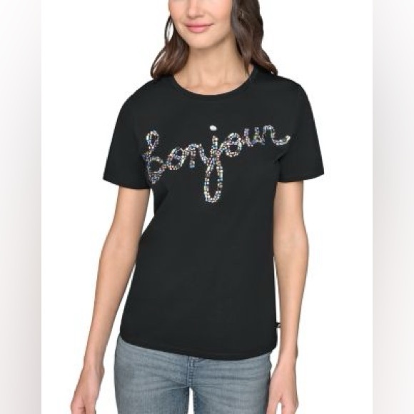 Karl Lagerfeld Rhinestone Bonjour Black T-Shirt - Picture 8 of 8